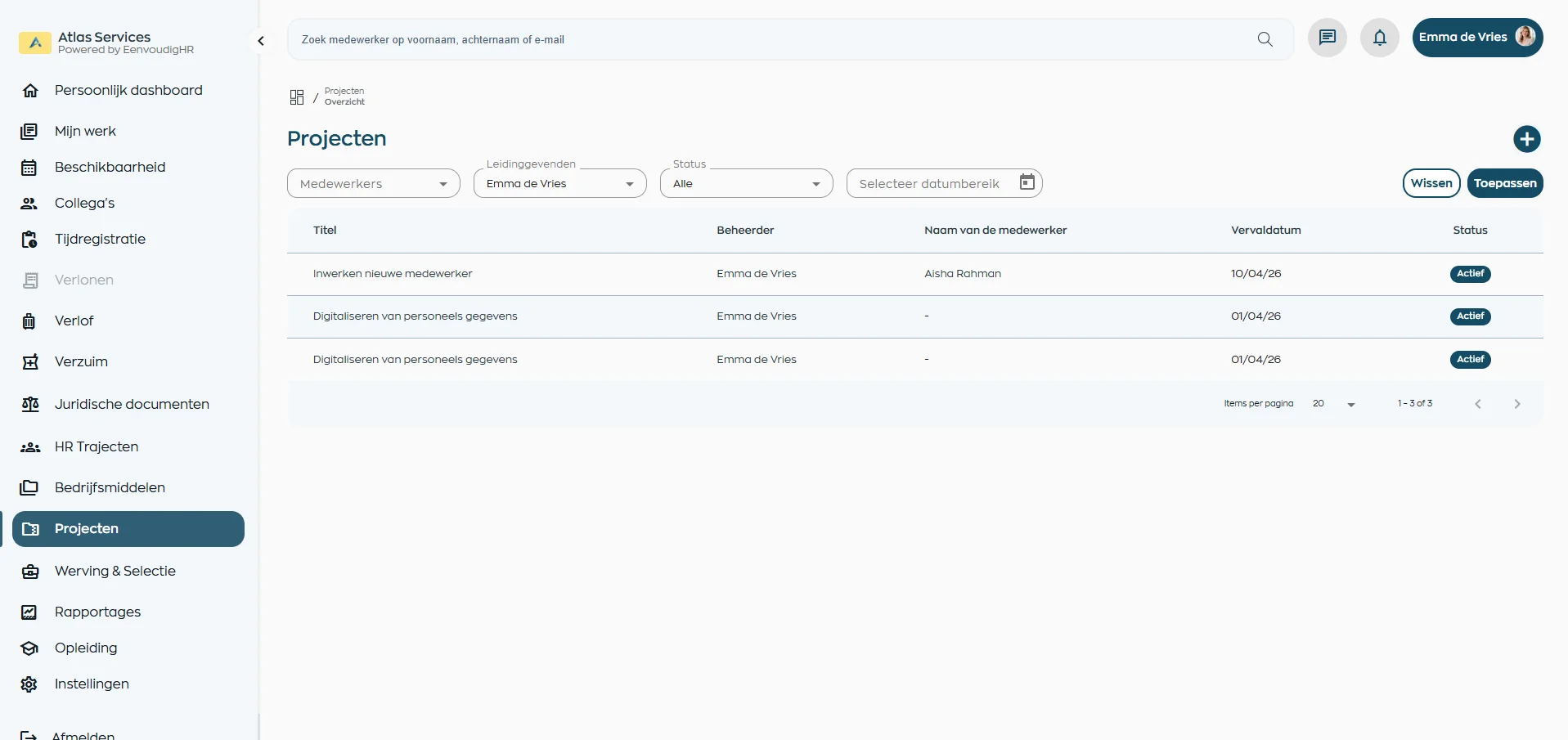 Projecten in WorkVine