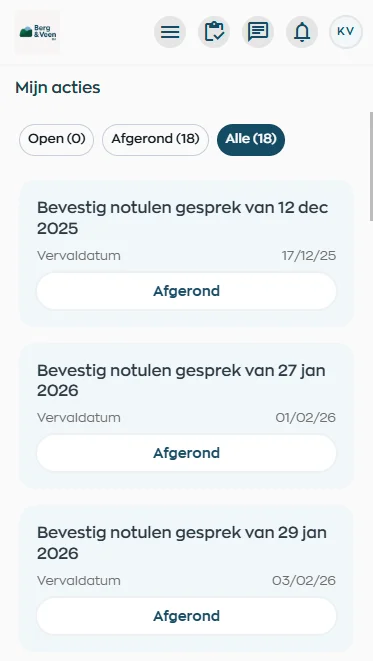 Open acties en meldingen in de WorkVine Medewerker App