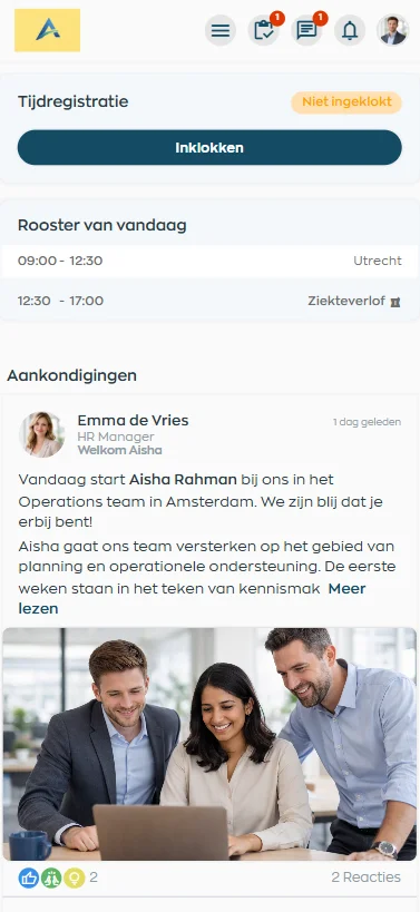 Dashboard van de WorkVine Medewerker App met rooster, acties en updates