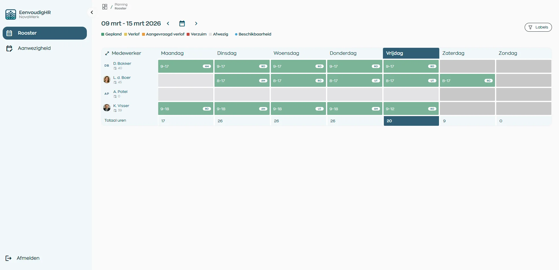 Rooster en teams binnen de WorkVine prikklok