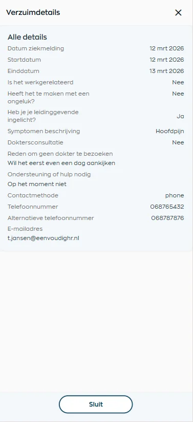 Medewerker ziet informatie over verzuim en opvolging in de app