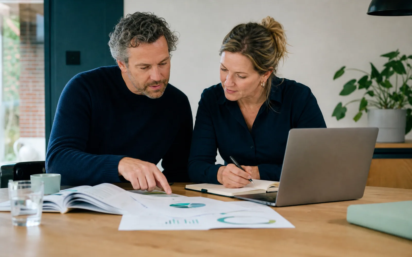 Twee professionals vergelijken bronnen en bespreken de onderbouwing van een organisatievraagstuk