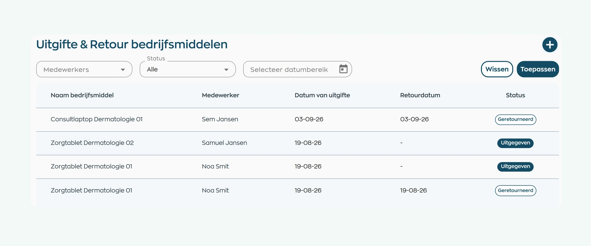 Uitgifte- en retouroverzicht in WorkVine met medewerker, uitgiftedatum, retourdatum en status per registratie