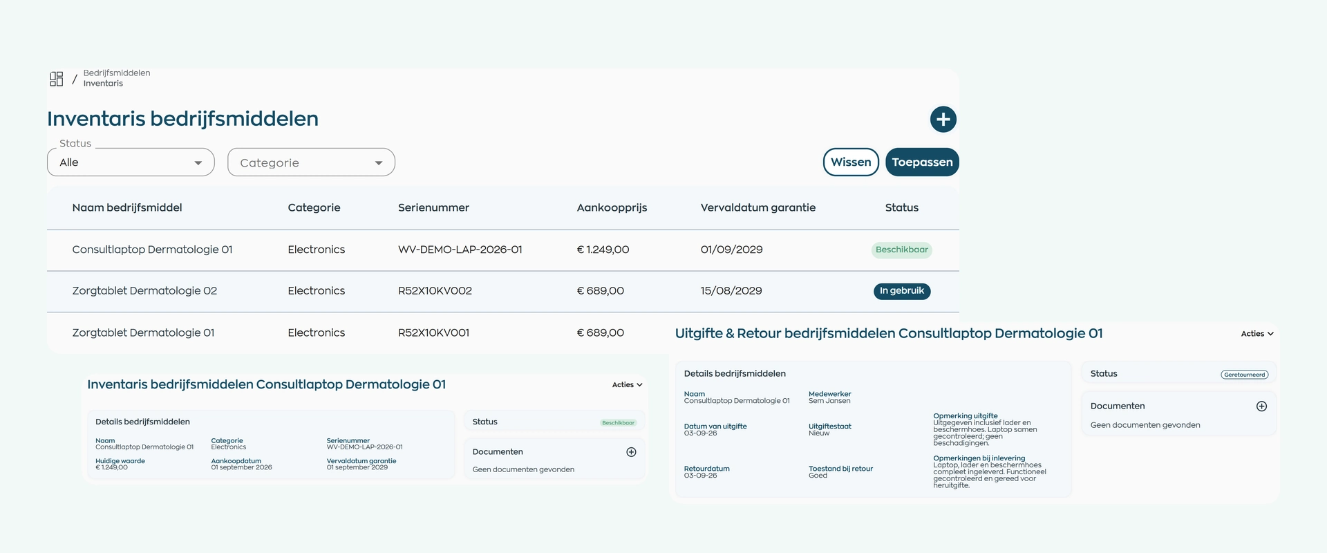 Bedrijfsmiddelen in WorkVine met de inventaris, het middelendetail en een afgeronde retourregistratie