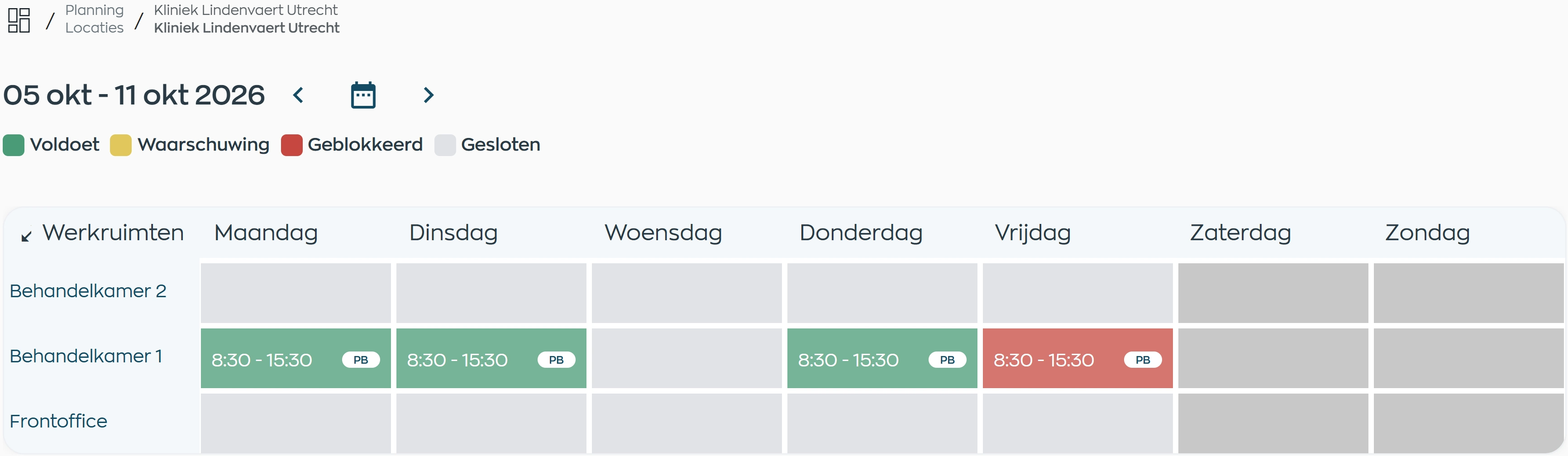 Capaciteitsoverzicht met werkruimten, werkblokken en verschillende bezettingsstatussen