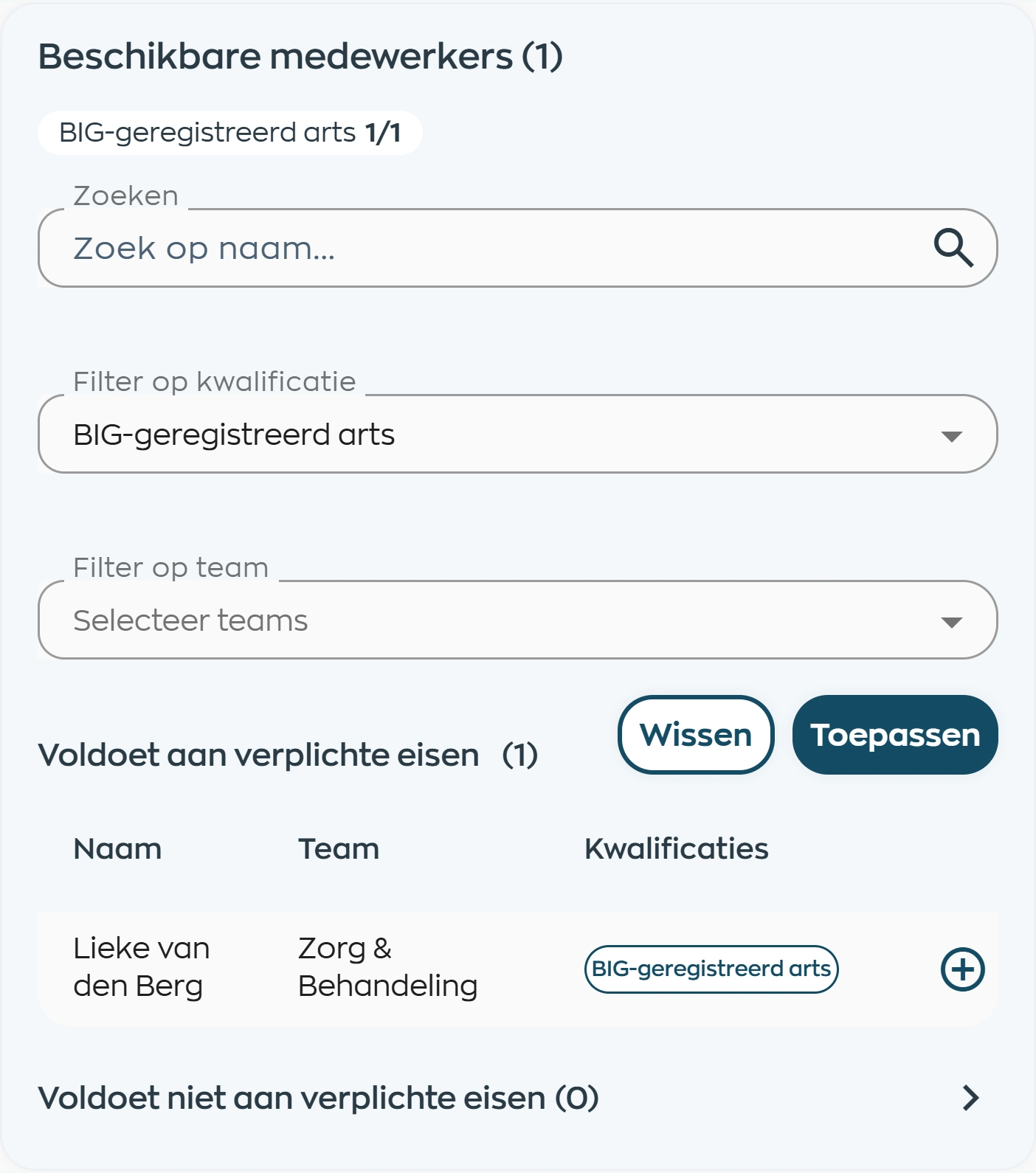 Medewerkers zoeken op naam, kwalificatie en team met een BIG-geregistreerde arts als passende kandidaat in WorkVine
