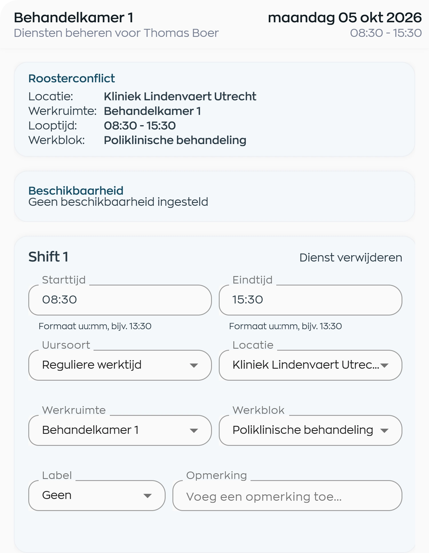 Een roosterconflict bekijken en de dienst van een medewerker beheren met locatie, werkruimte, activiteit en werktijden in één scherm