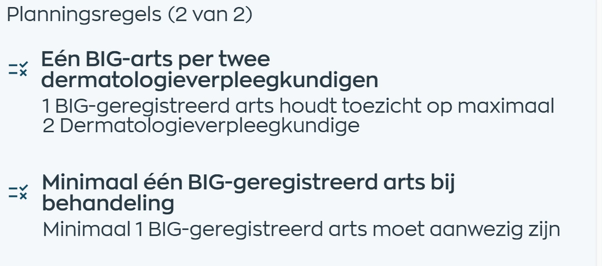 Voldane planningsregels voor artsaanwezigheid en de verhouding tot dermatologieverpleegkundigen in een werkblok