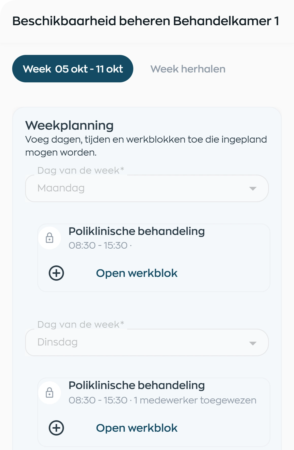 Ingerichte beschikbaarheid van een werkruimte met dagen, tijdvakken en het werkblok Poliklinische behandeling