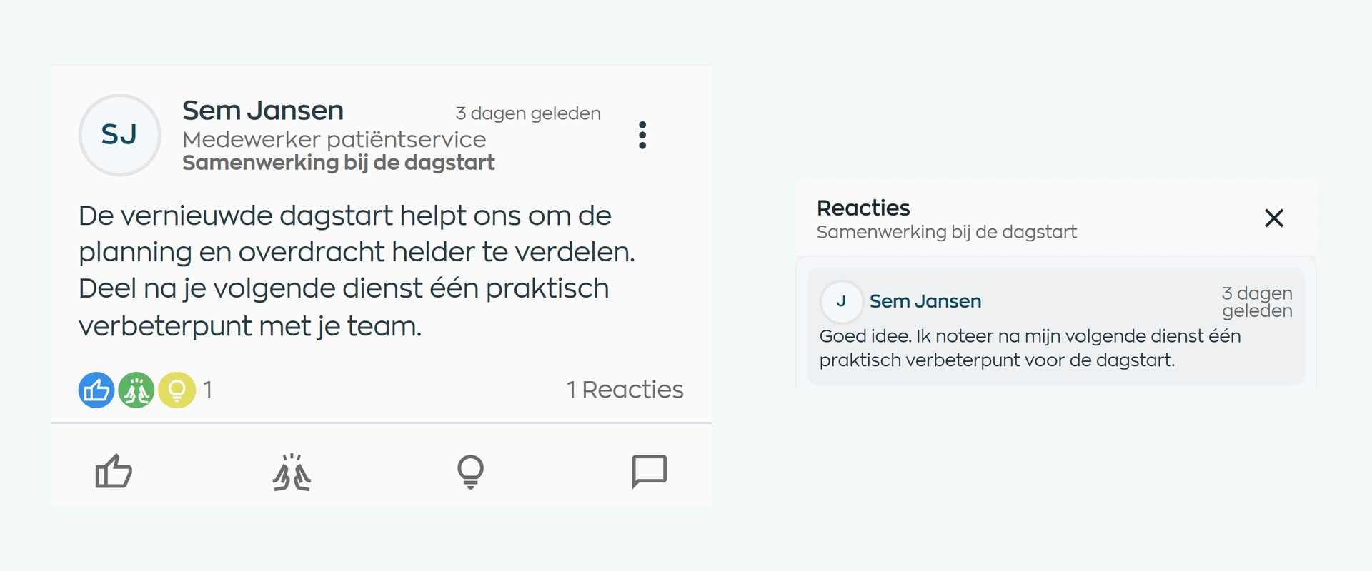 Een teamupdate met reacties en opmerkingen in de community van de WorkVine Medewerker App