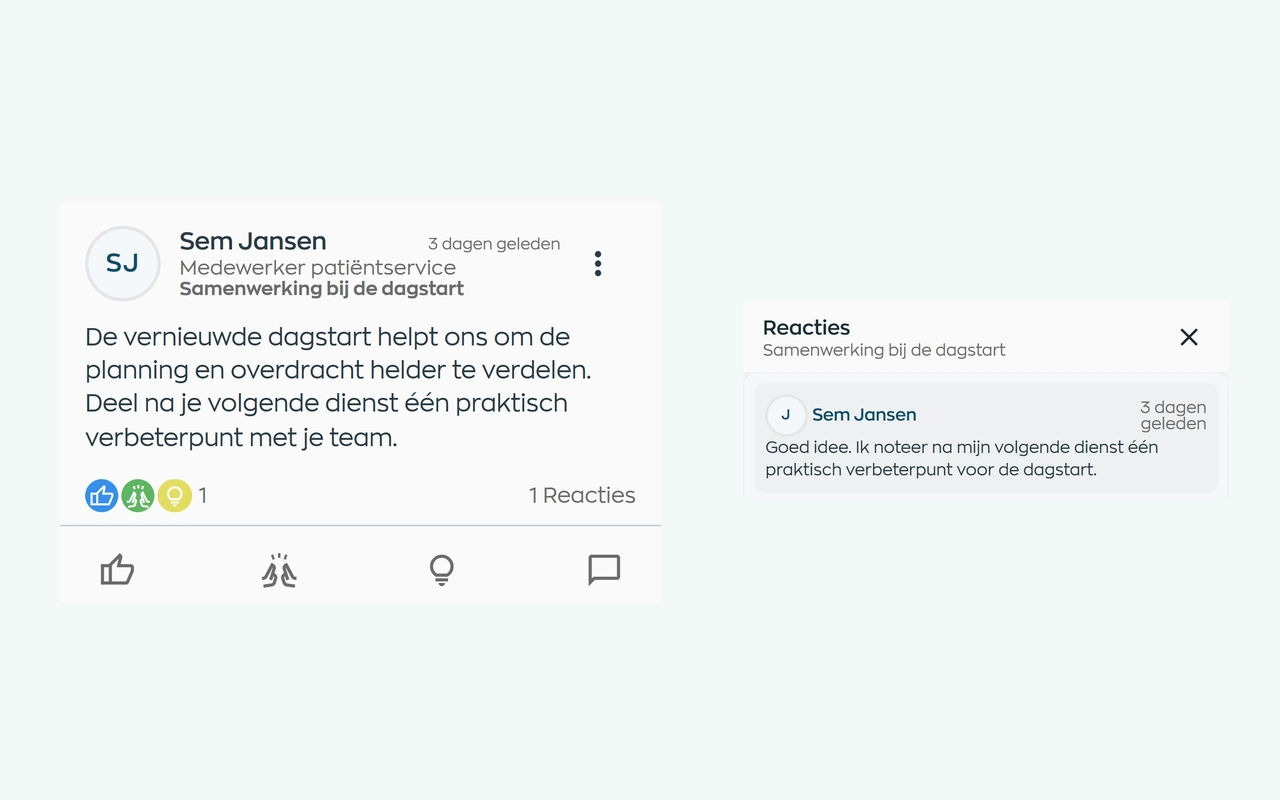 Teamupdate met reacties in de Medewerker App