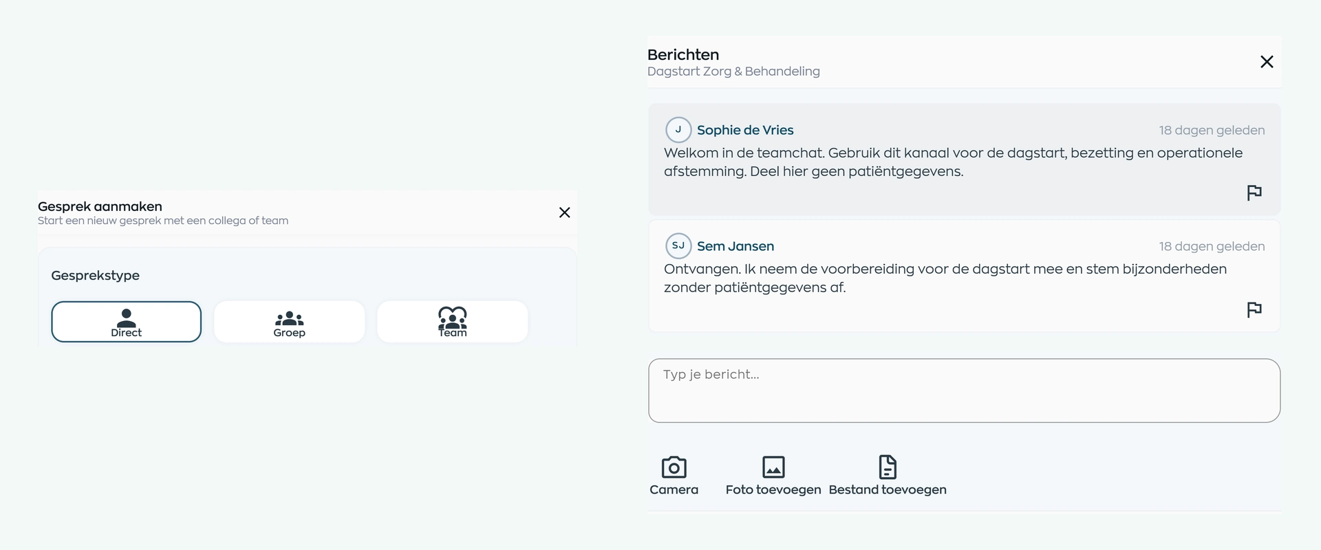 Keuze voor directe, groeps- of teamchat naast een teamgesprek in WorkVine