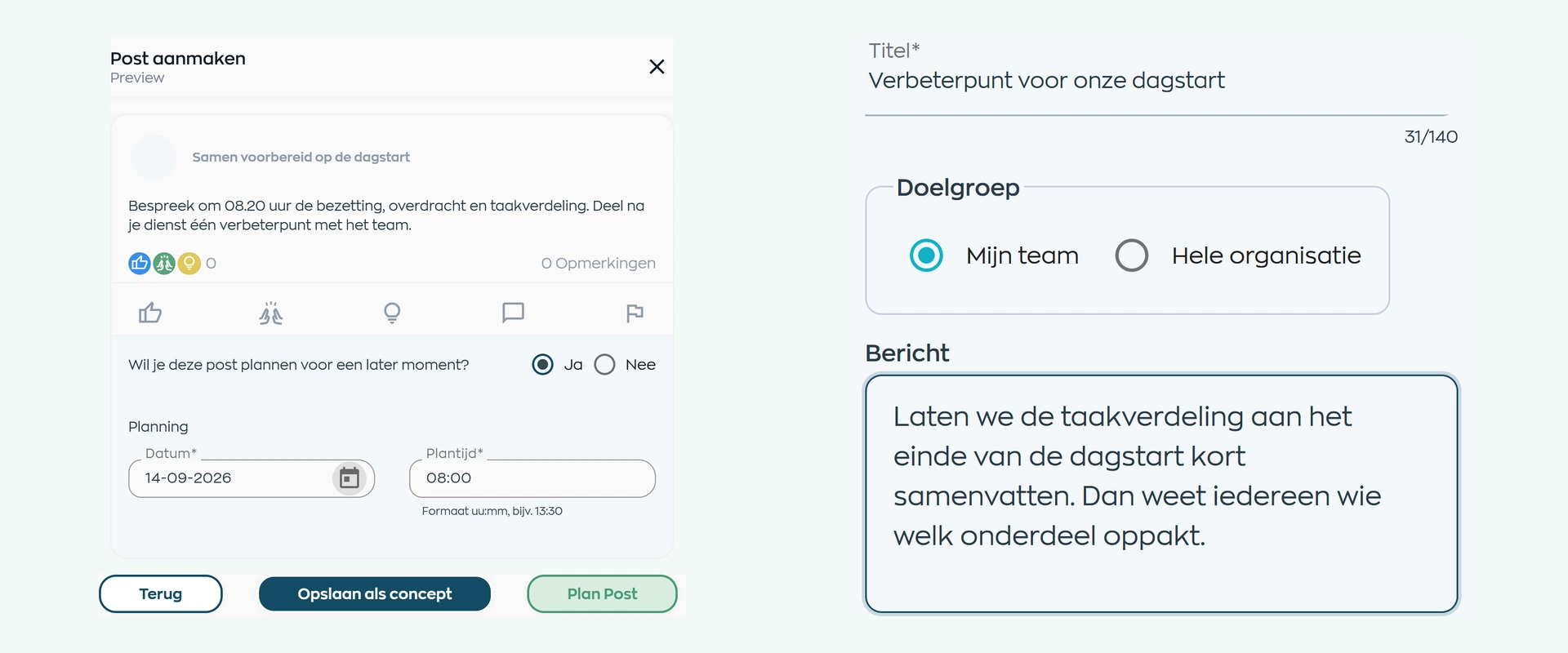Een geplande Office-update naast publiceren voor een team vanuit de WorkVine Medewerker App