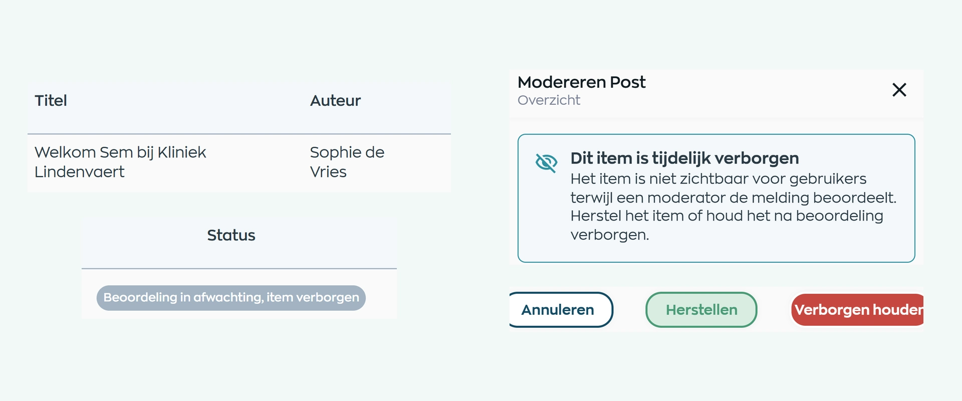 Moderatieoverzicht en beoordeling van gemelde inhoud in WorkVine Office