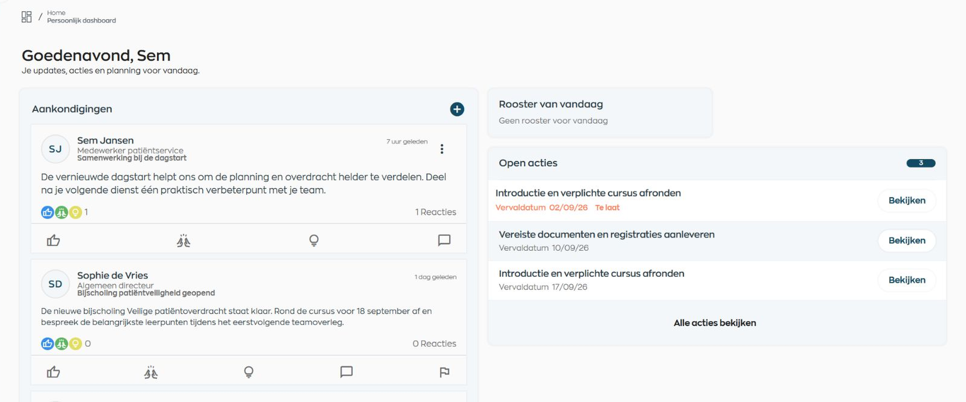 WorkVine Medewerker App met een teamupdate, rooster en open acties op één dashboard