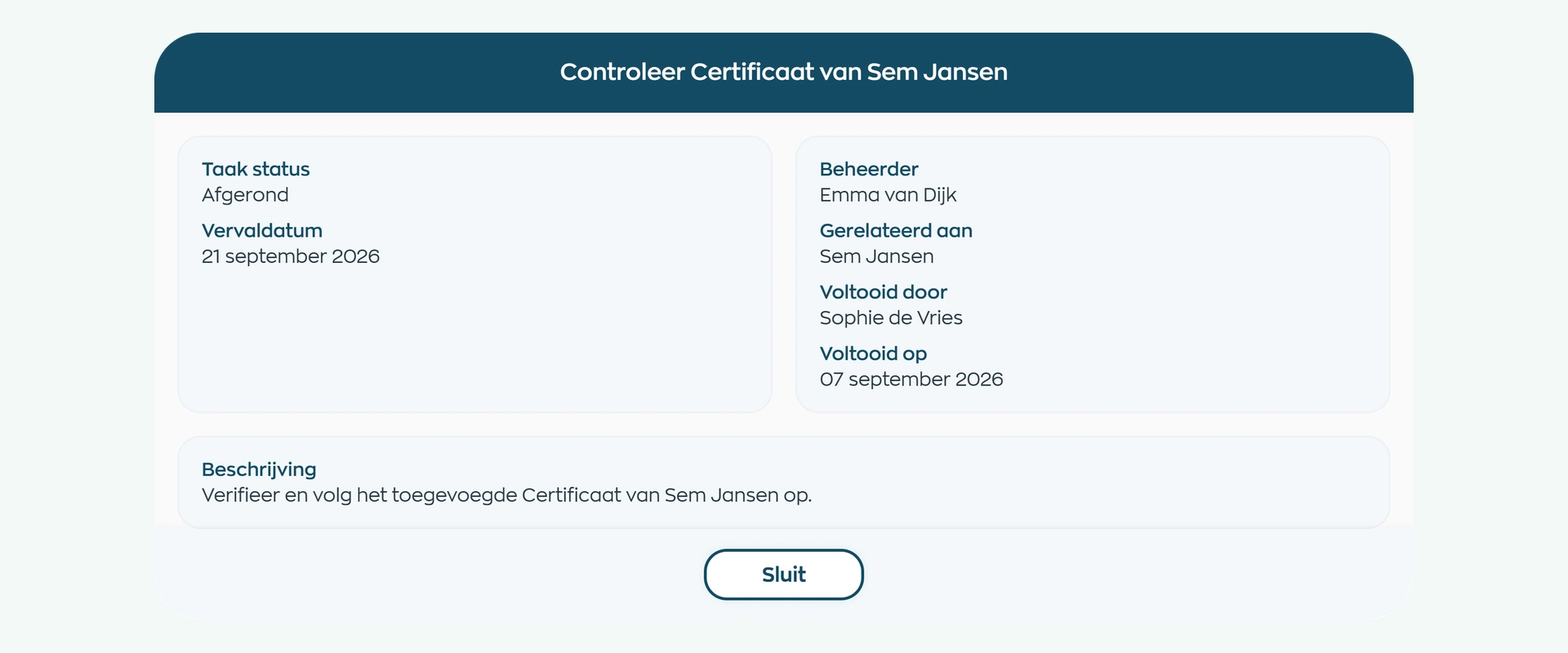 Afgeronde documentcontrole met medewerker, verantwoordelijke en afrondingsdatum in WorkVine Office