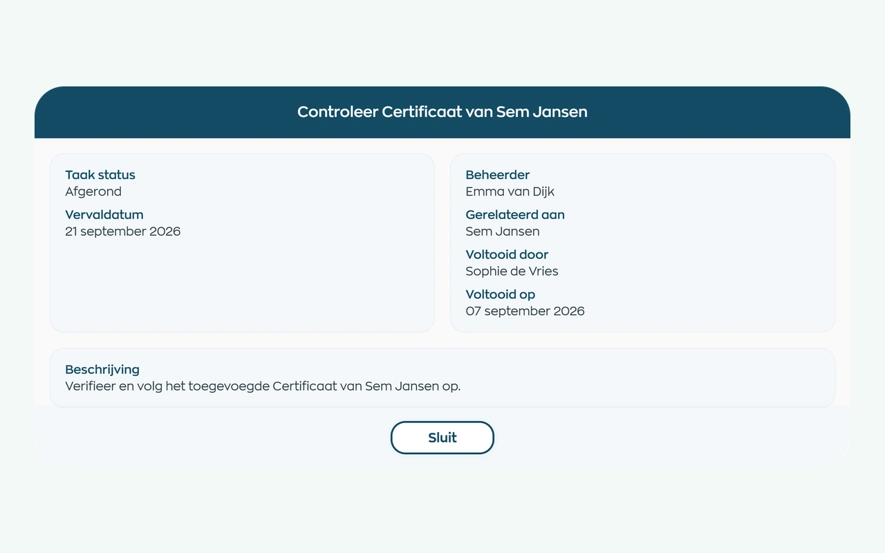 Afgeronde Office-controle van een document, met verantwoordelijke en afrondingsdatum
