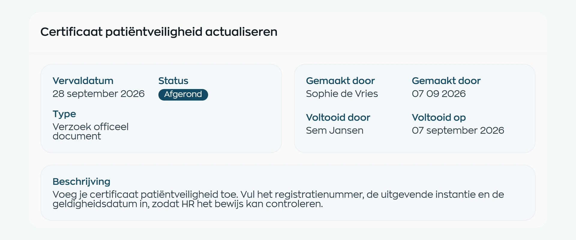 Gericht certificaatverzoek met documenttype, titel en instructie in WorkVine