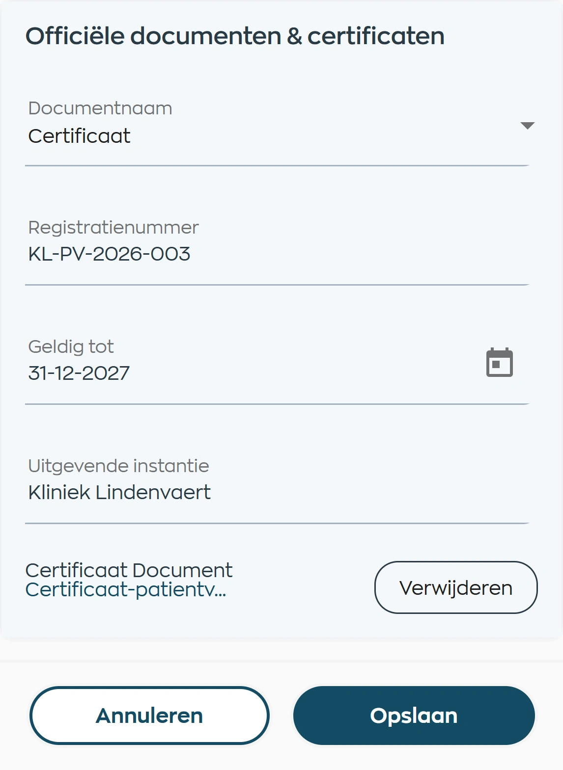 Medewerkeractie om documentgegevens in te vullen en een bewijsbestand te uploaden in WorkVine