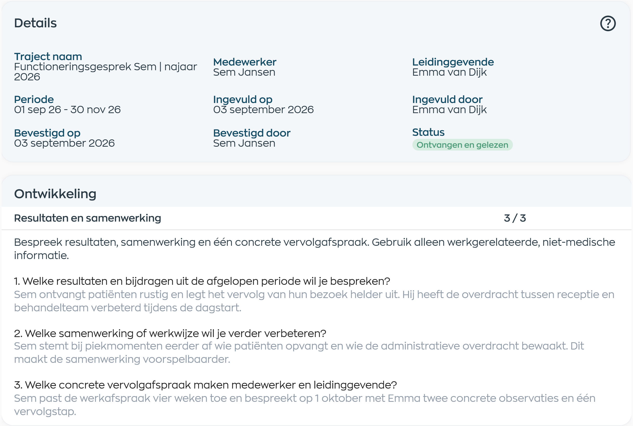 Ingevuld functioneringsformulier met eigen vragen, medewerker, leidinggevende en leesbevestiging