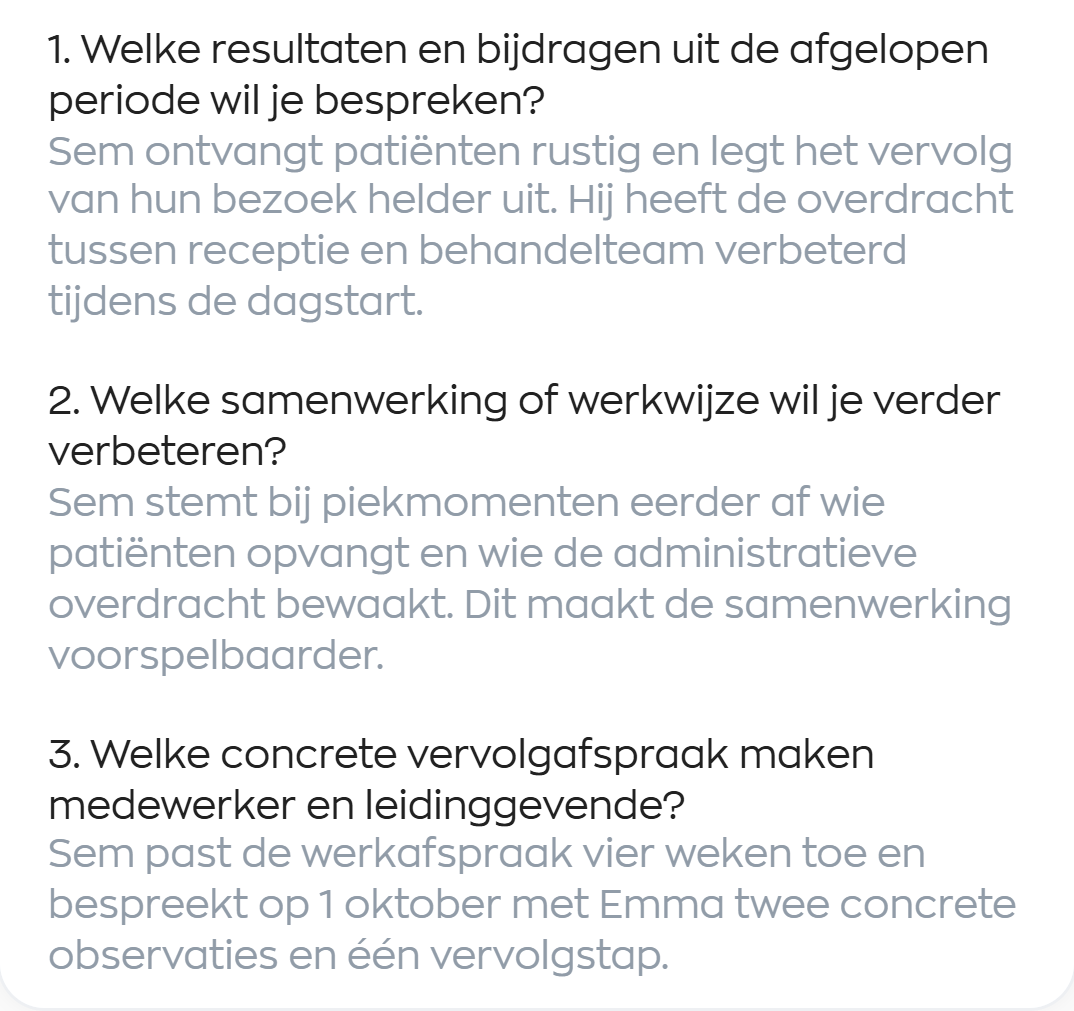 Drie ingevulde eigen gespreksvragen met antwoorden over resultaten, samenwerking en een vervolgafspraak