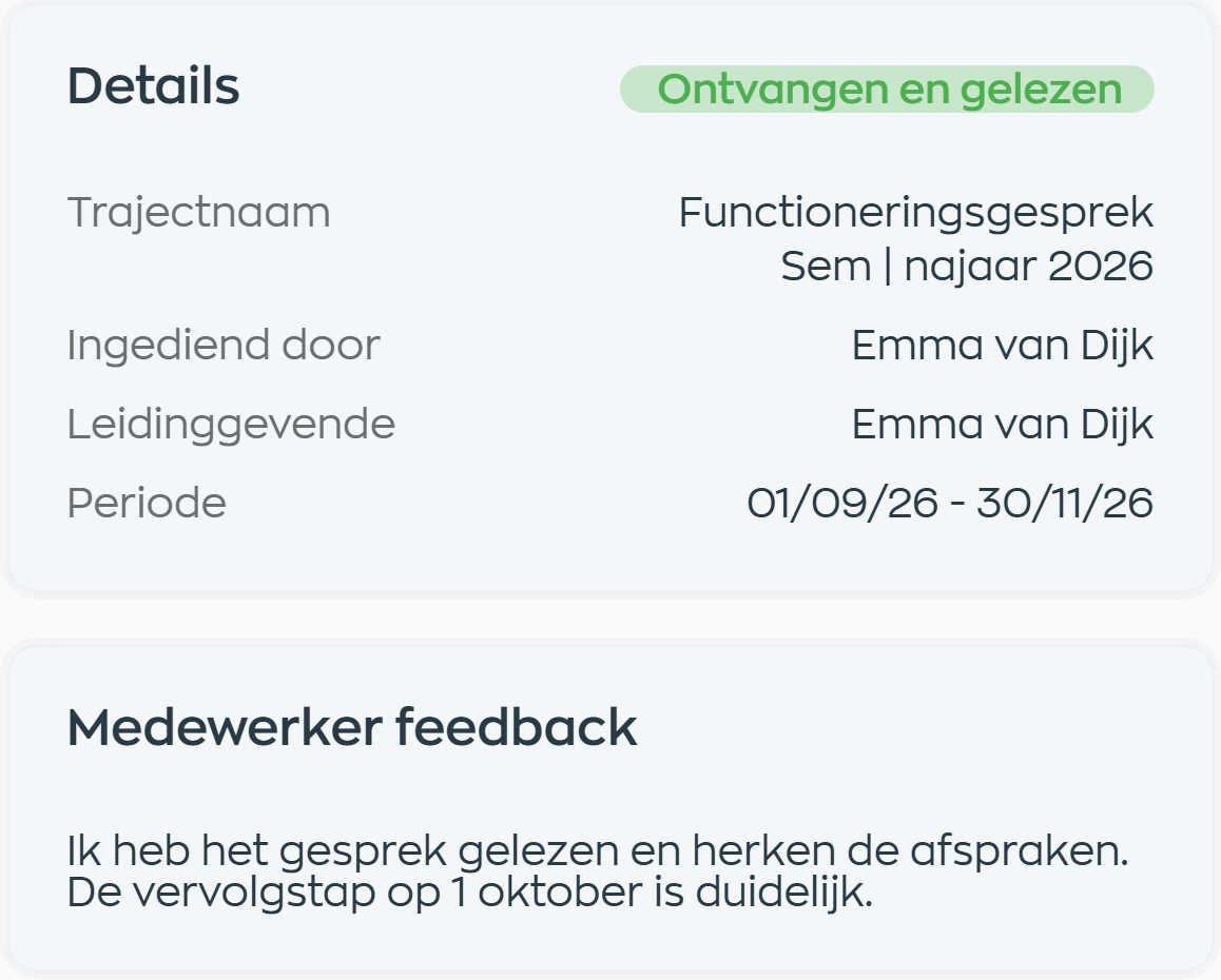 Medewerker App met eigen reactie en de status Ontvangen en gelezen