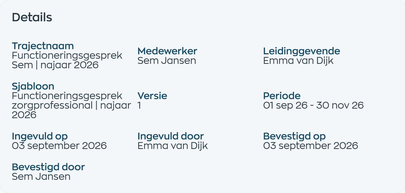 Eigen organisatiesjabloon met naam, versie, medewerker en leidinggevende