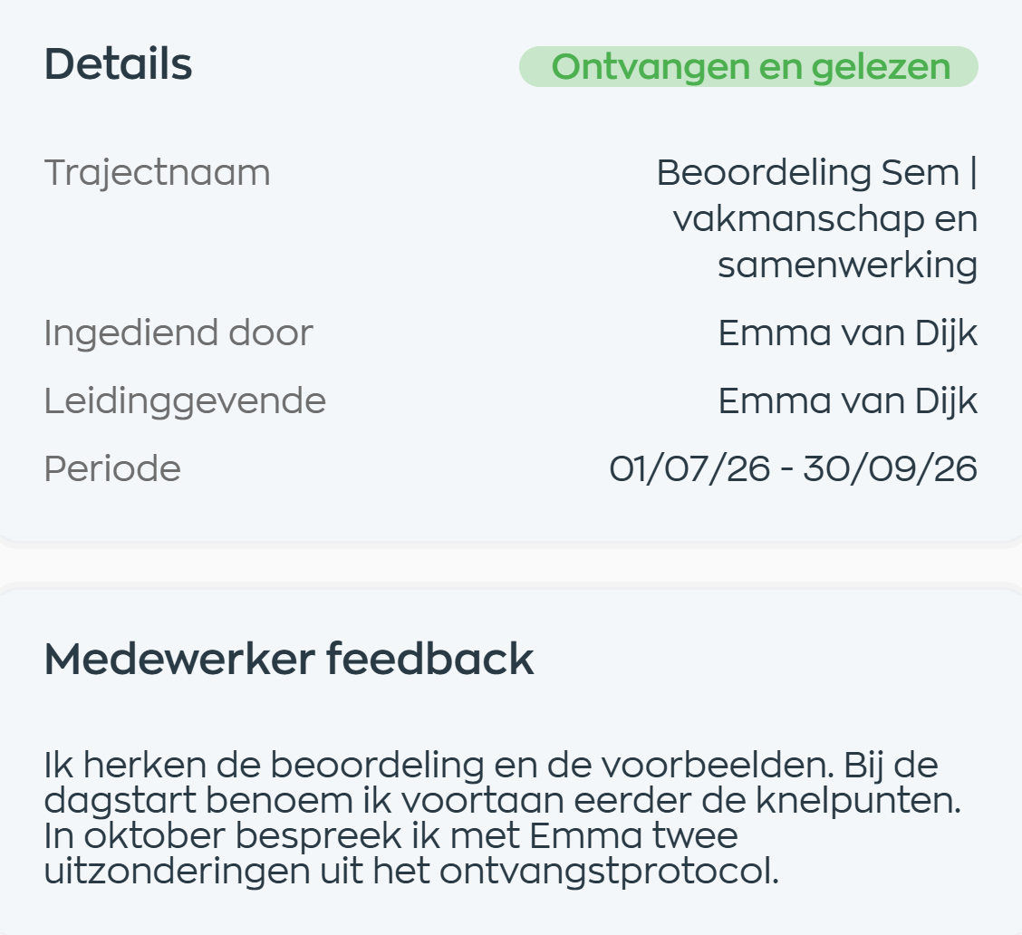 De Medewerker App toont Ontvangen en gelezen en de persoonlijke reactie van Sem op zijn beoordeling