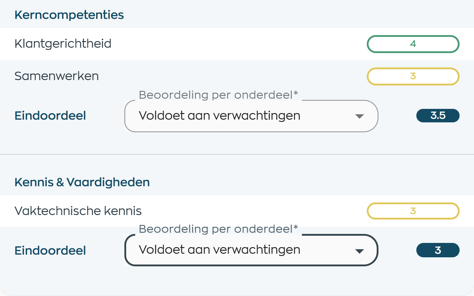 Scoreoverzicht met gemiddelden per competentie en het categorieoordeel van de leidinggevende