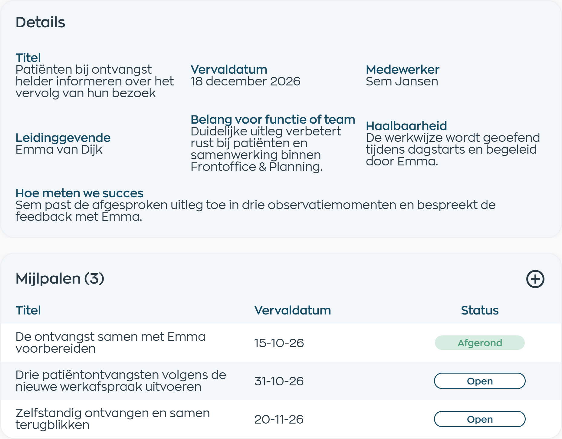 Ontwikkeldoel in WorkVine met succescriteria en een betrokken leidinggevende