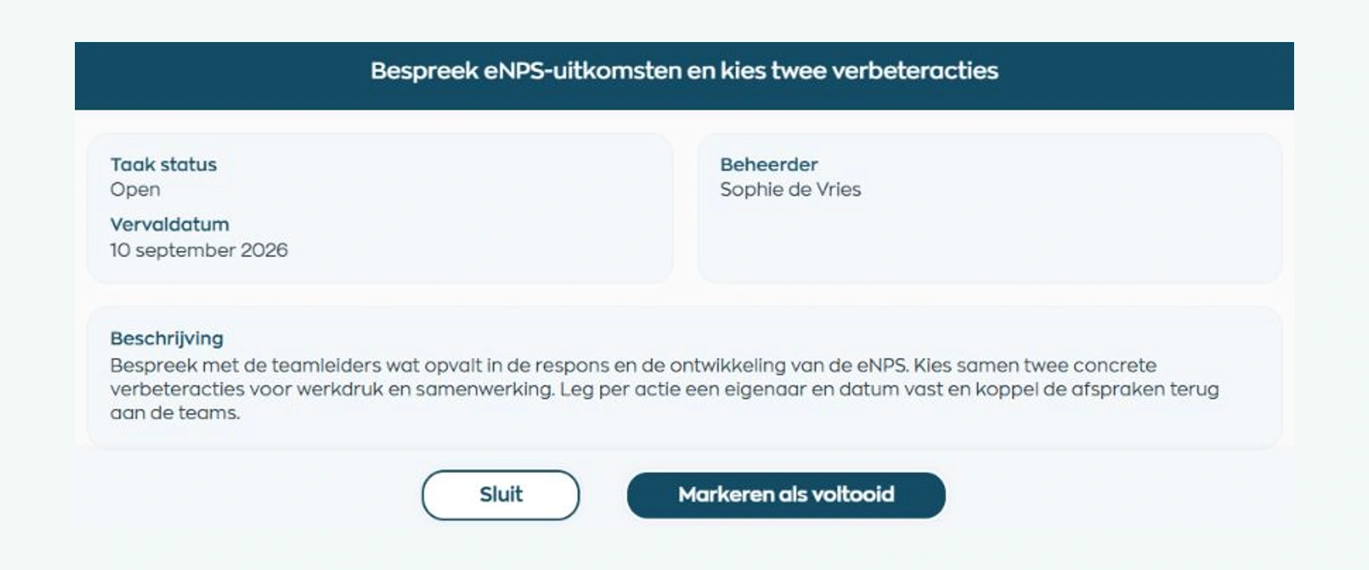Opgeslagen Office-taak om eNPS-uitkomsten te bespreken, met Sophie als eigenaar en een deadline