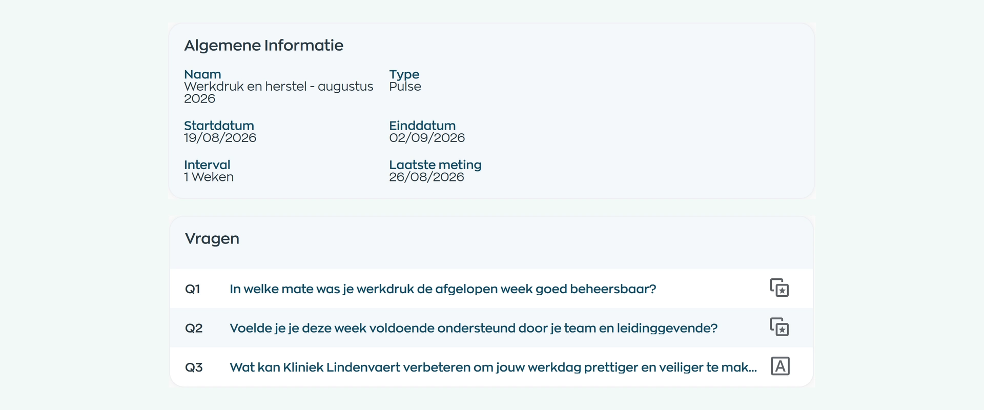 Pulse-onderzoek over werkdruk en herstel met vragen, planning en instellingen in WorkVine