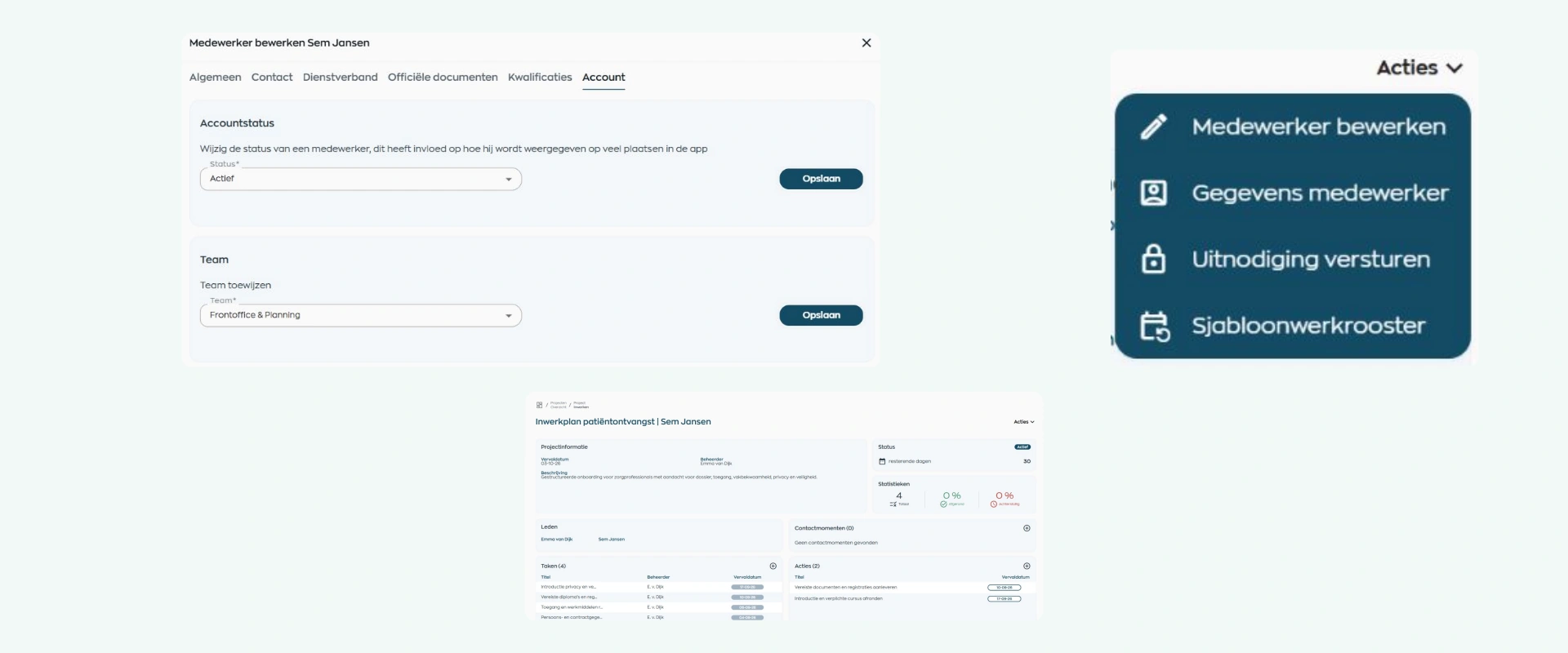Accountstatus, team, uitnodigingsactie en inwerktaken rond een medewerker in WorkVine