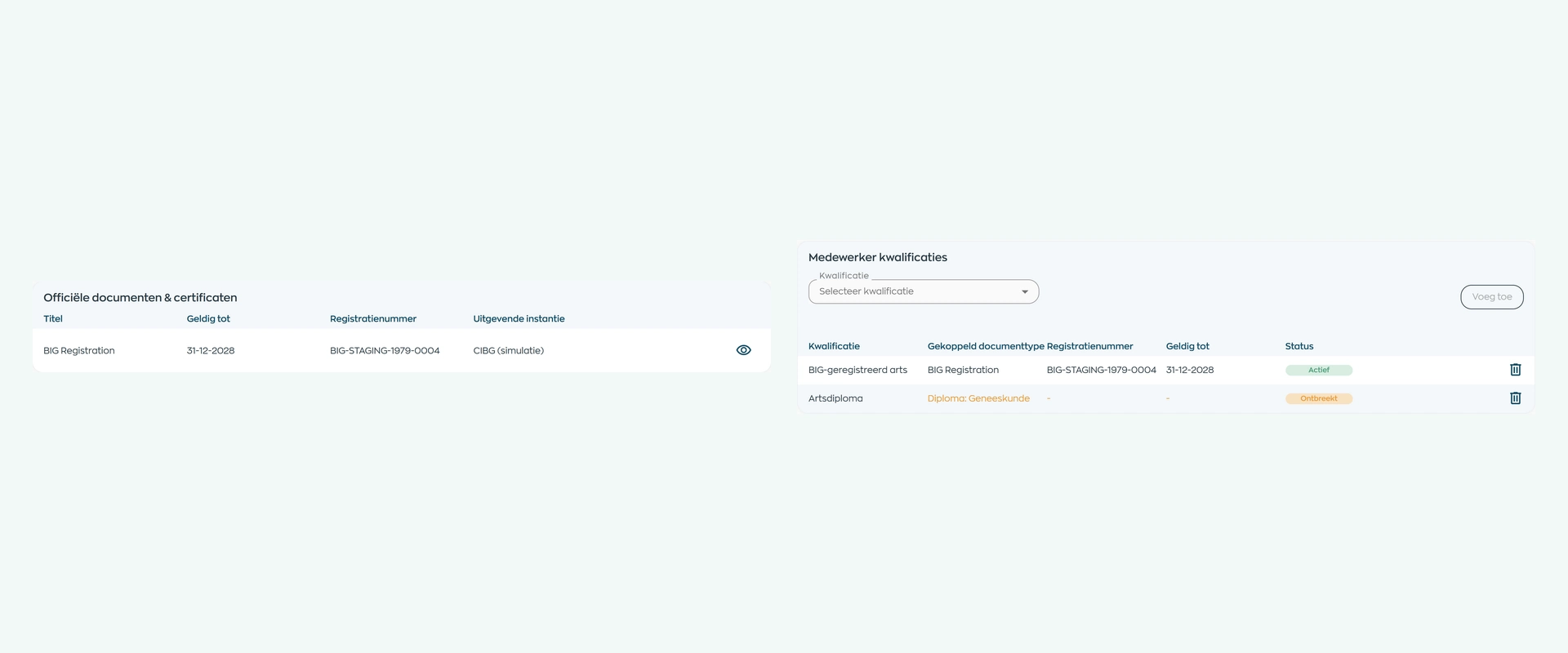 Officieel bewijs met geldigheidsdatum en gekoppelde kwalificatiestatus in WorkVine