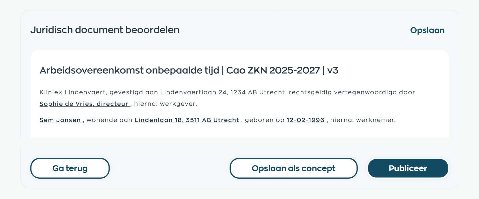 Inhoudscontrole van een ingevulde overeenkomst in WorkVine Office