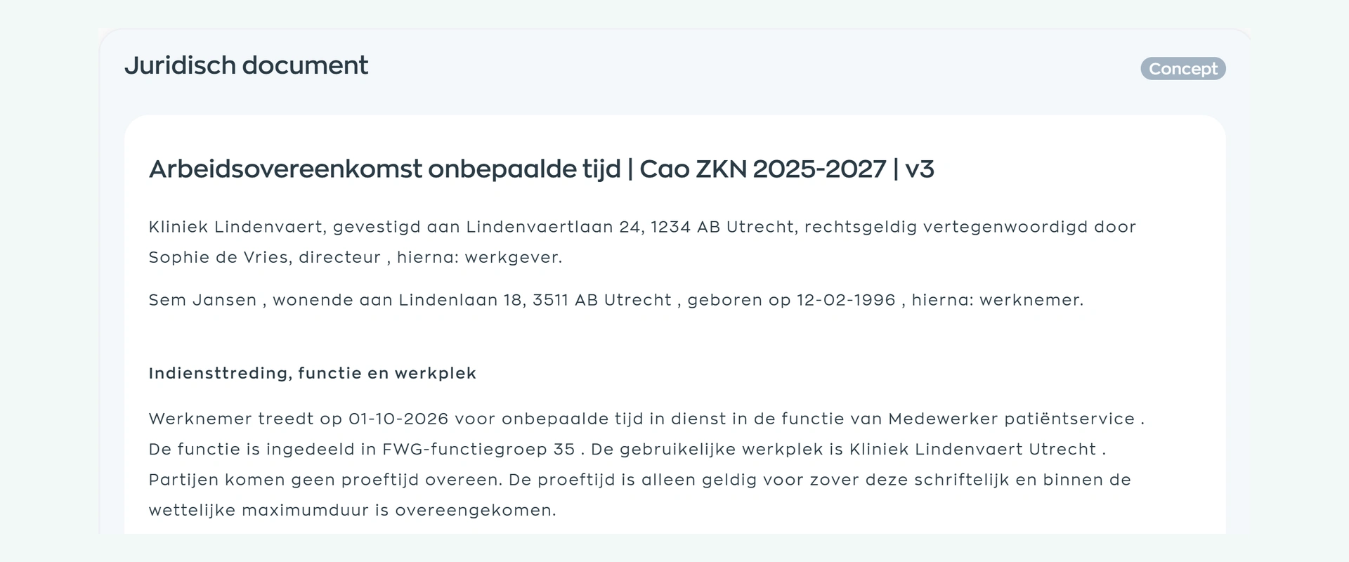 Een ingevulde conceptarbeidsovereenkomst met medewerkergegevens en zichtbare documentstatus in WorkVine