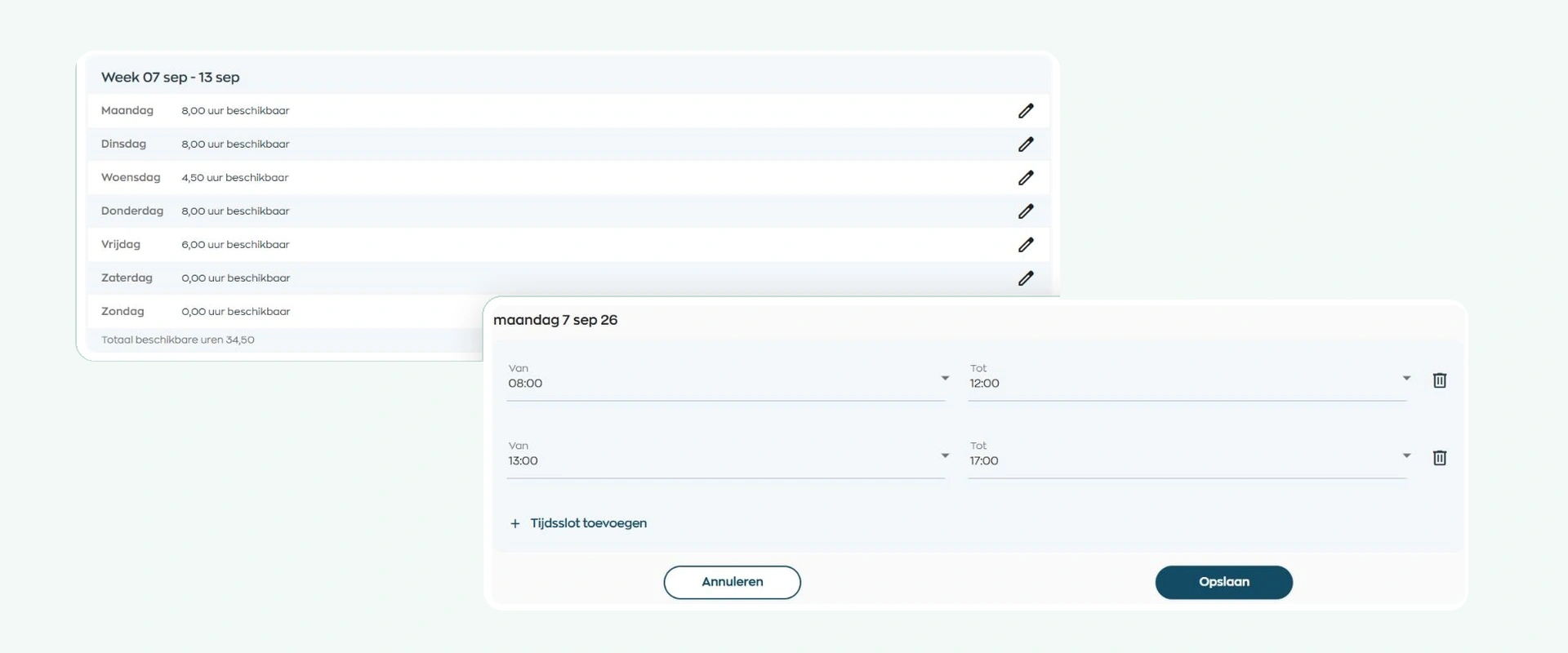 Medewerker geeft beschikbare tijdvakken door in de WorkVine Medewerker App