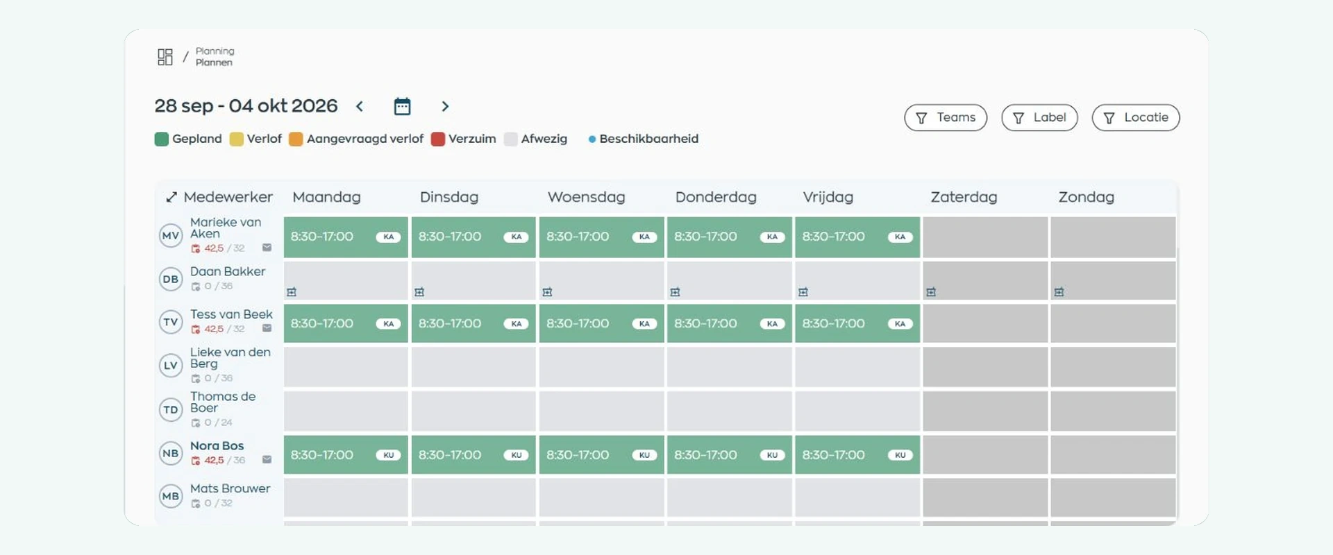 WorkVine-weekrooster met diensten, contracturen, beschikbaarheid en afwezigheid