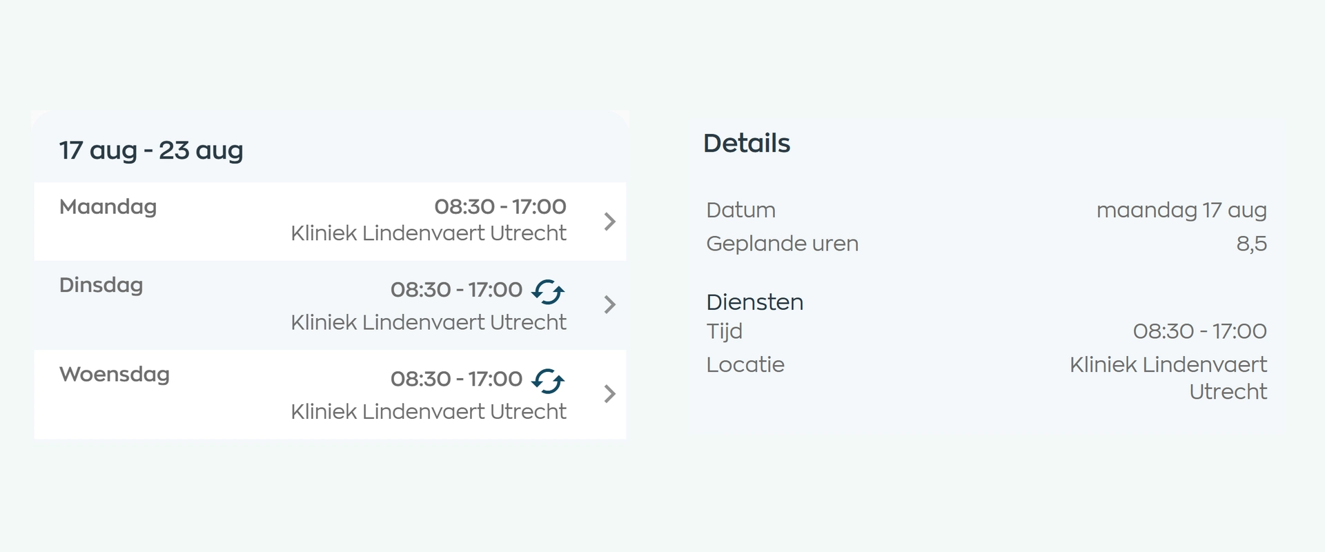 Een medewerker bekijkt de actuele diensten in de WorkVine-app