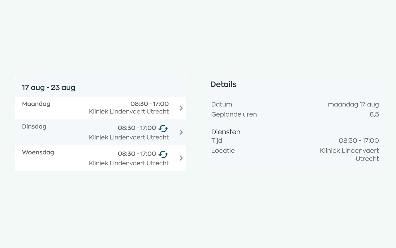 Medewerker App met een weekrooster en de details van een geselecteerde dienst