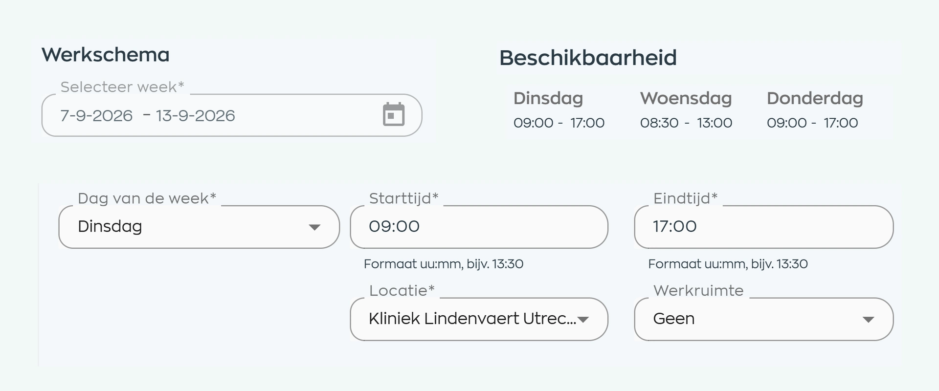 Werkrooster met werkschema, beschikbaarheid, tijden en locaties in WorkVine