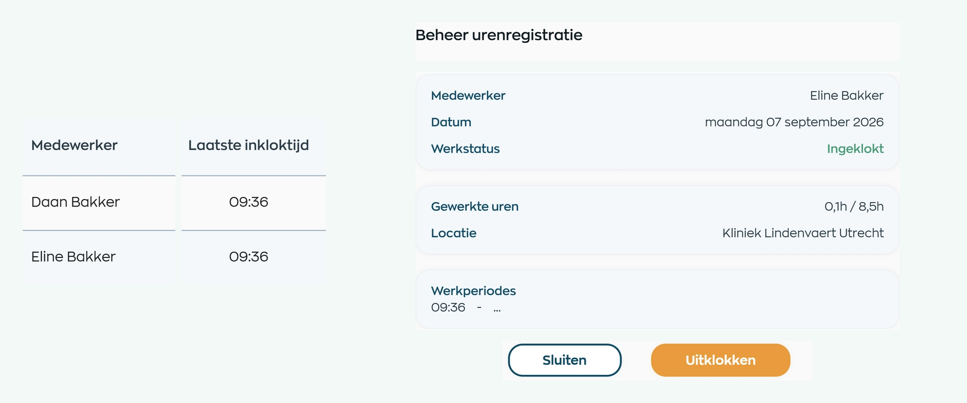 Twee ingeklokte collega's in Kliniek Lindenvaert en de actieve werksessie van Eline in de Locatie App