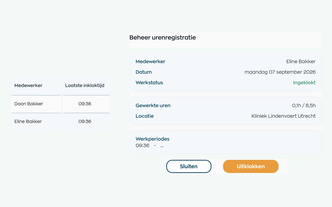 Ingeklokte medewerkers en een actieve werksessie in de WorkVine Locatie App