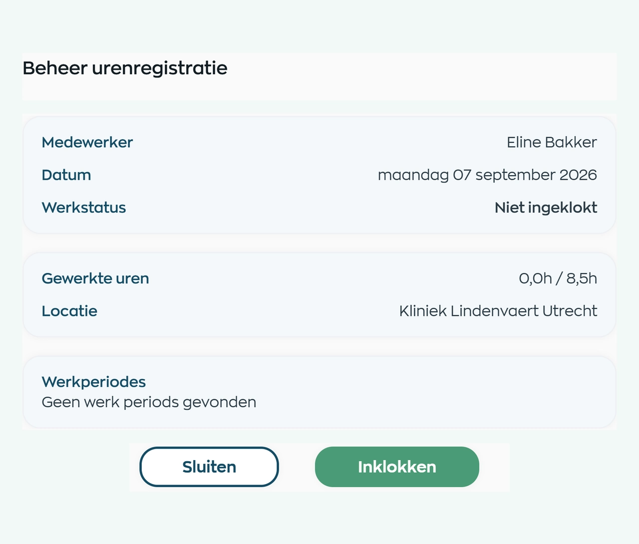 Klokactie voor Eline Bakker met haar geplande werkplek, geplande roosteruren en de knop Inklokken