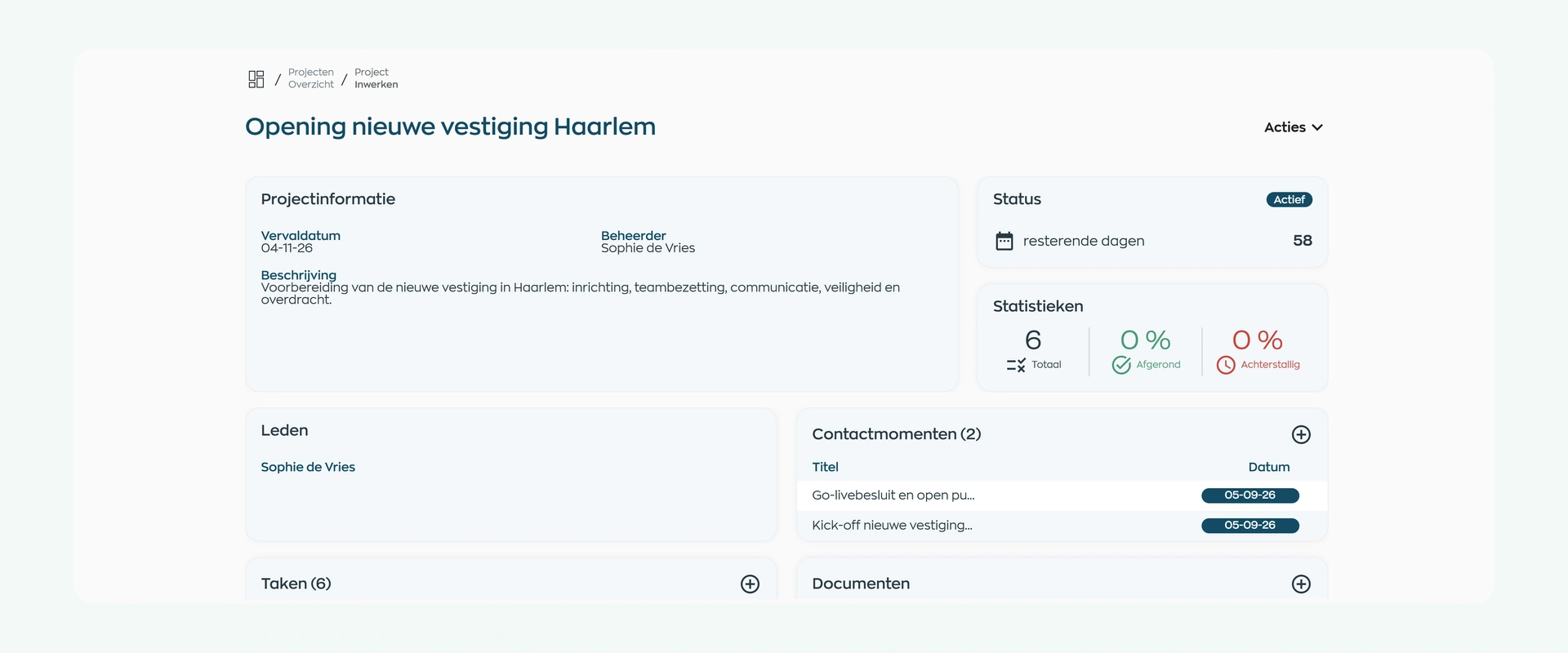 Intern project met taken, documenten, eigenaren, deadlines en zichtbare voortgang in WorkVine