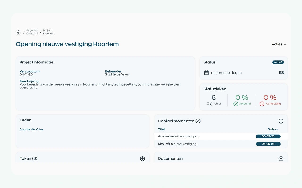 WorkVine-project voor de opening van een vestiging met projectinformatie en contactmomenten