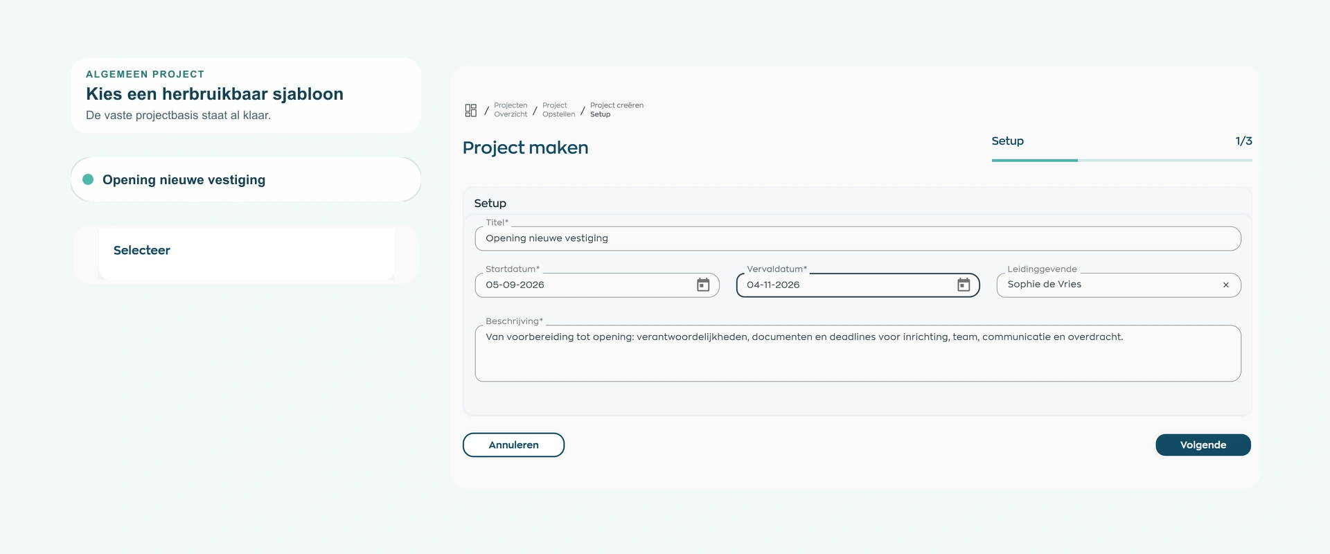 Een intern project starten vanuit een herbruikbaar projectsjabloon in WorkVine