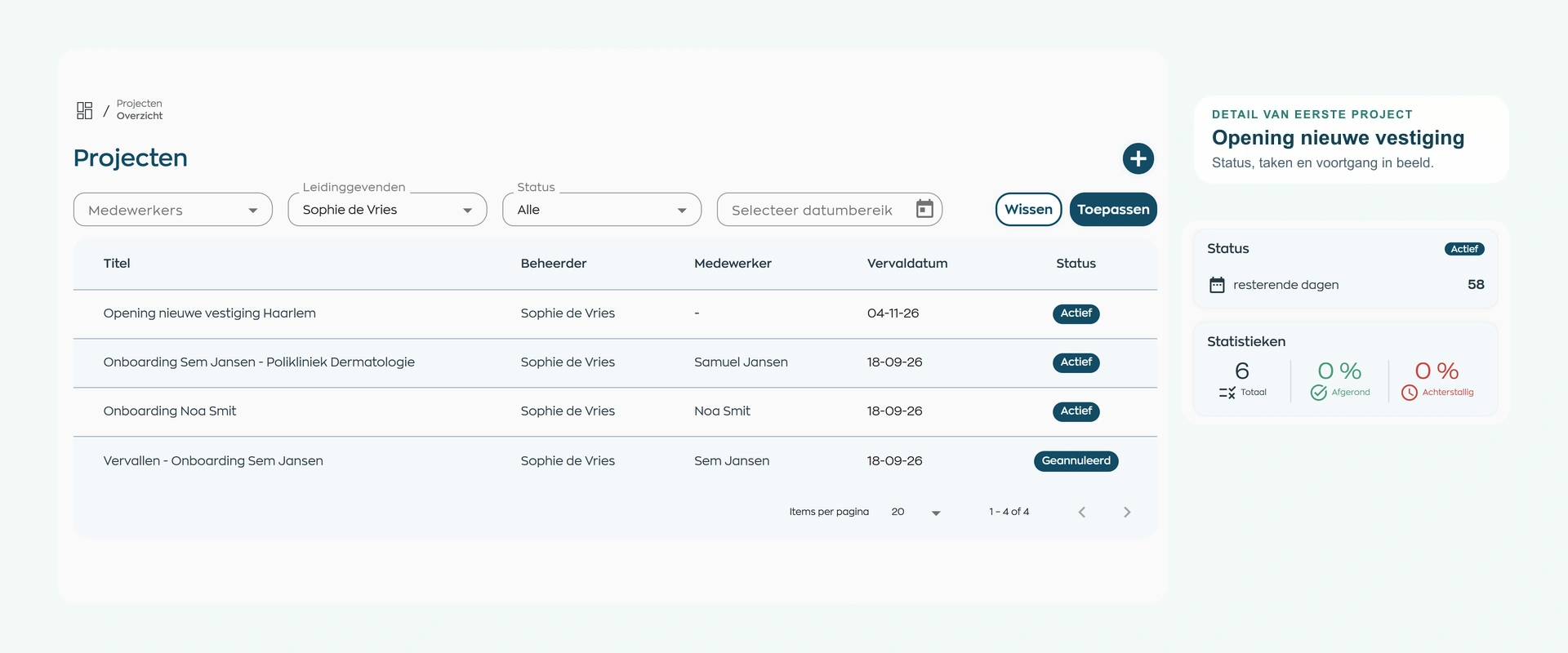 Projectenoverzicht met status, eigenaren, deadlines en voortgang in WorkVine