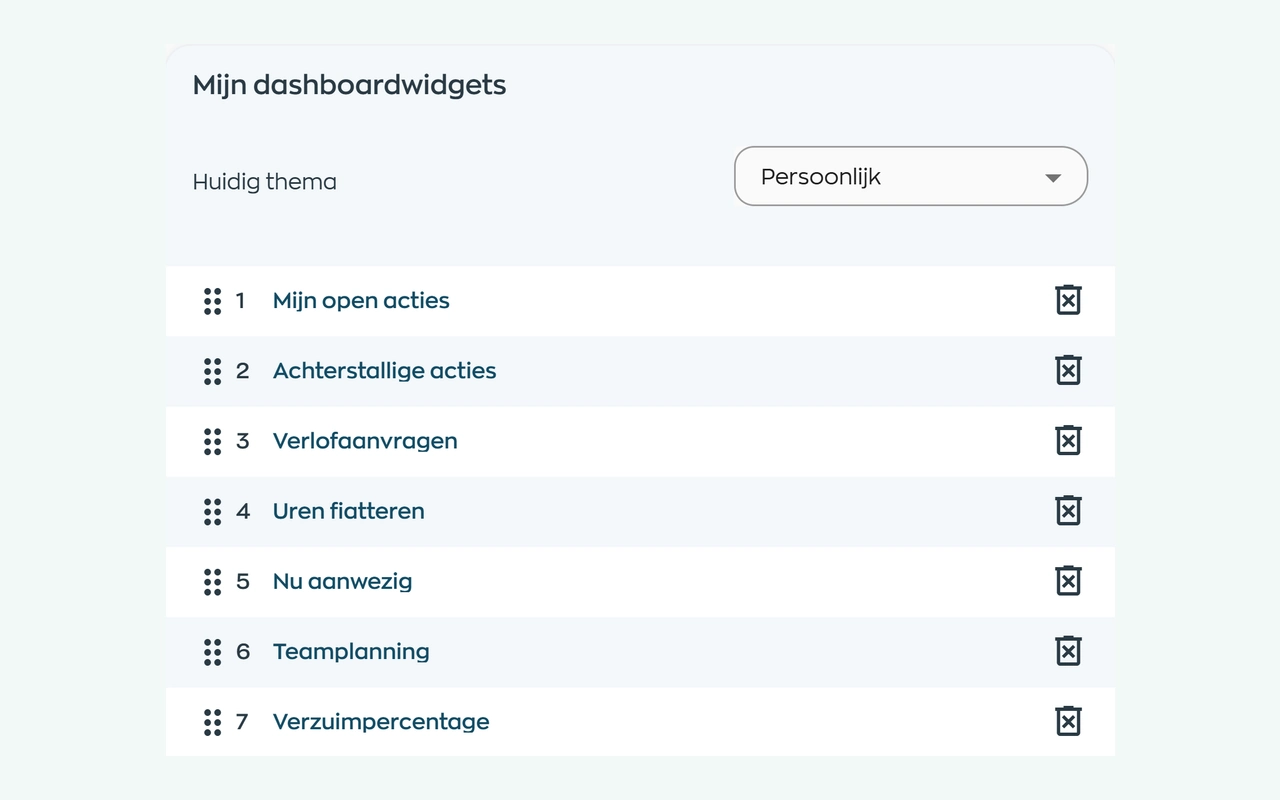 Persoonlijke Office-dashboardinstellingen met thema en rangschikbare widgets voor acties, verlof, uren en teamplanning