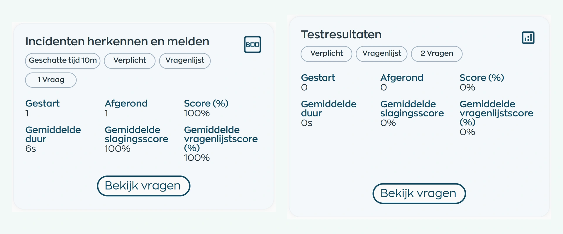 Opleidingsresultaten in Office met een afgeronde cursusmodule en een nog niet gestart cursusonderdeel, scores en gemiddelde duur